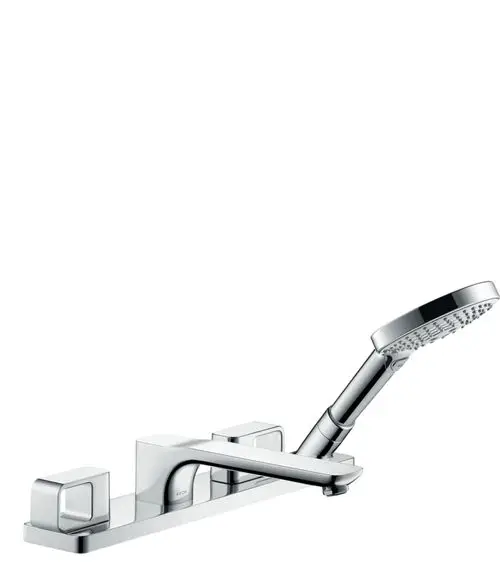 Axor Armatur mit schlanker Mischbatterie und abnehmbarer Handbrause, zur Montage auf einer Wanne, aus verchromtem Material.